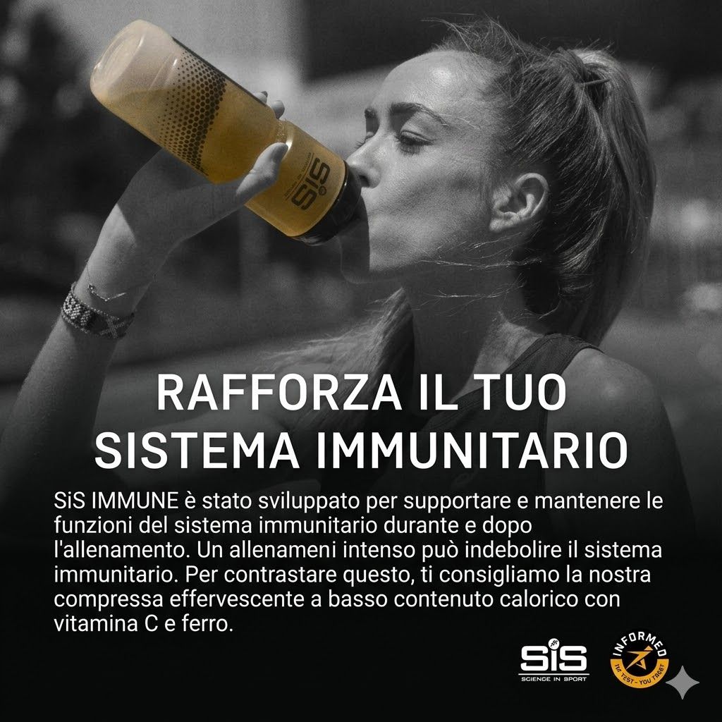 Foto in bianco e nero di una donna che beve da una bottiglia SIS. Testo: Rafforza il tuo sistema immunitario.