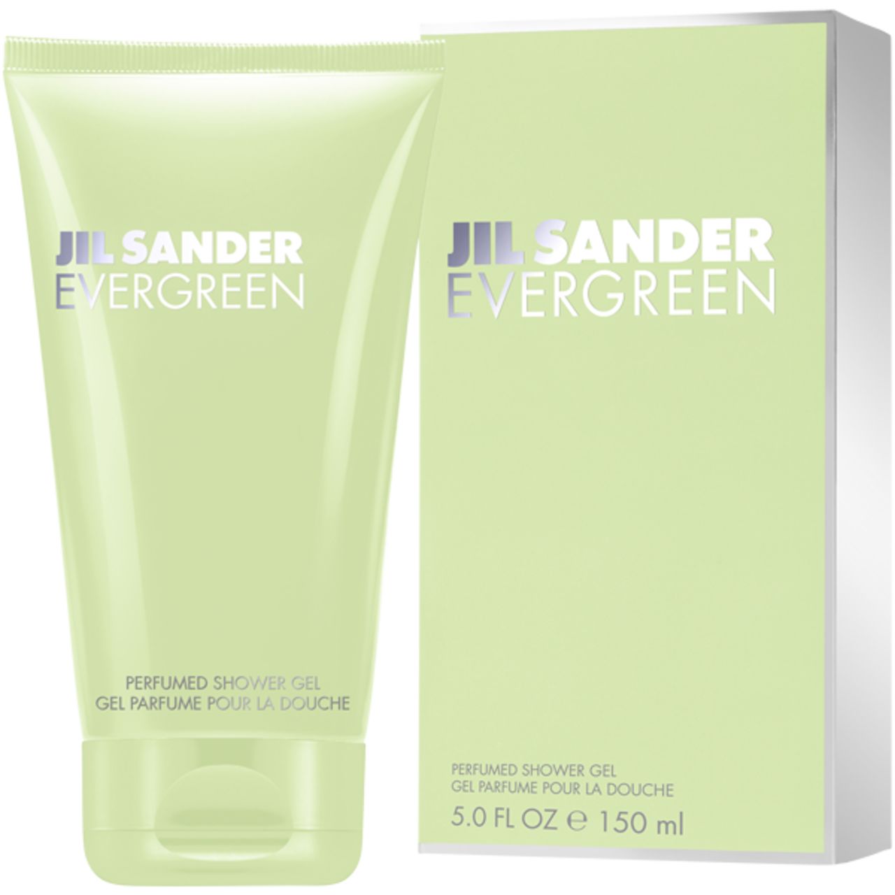 Tubo e confezione verde chiaro. Scritta: Jil Sander Evergreen, Perfumed Shower Gel. 5.0 FL OZ e 150 ml.