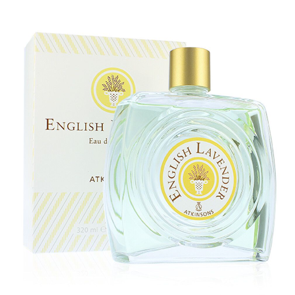 Flacone e scatola English Lavender Eau de Toilette. Etichetta gialla con logo. Strisce bianche e gialle sulla scatola.
