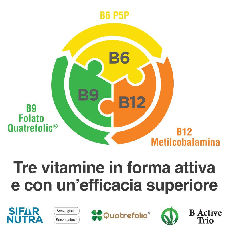 Rappresentazione grafica delle vitamine B6, B9 e B12. Logo Sifar Nutra e B Active Trio.