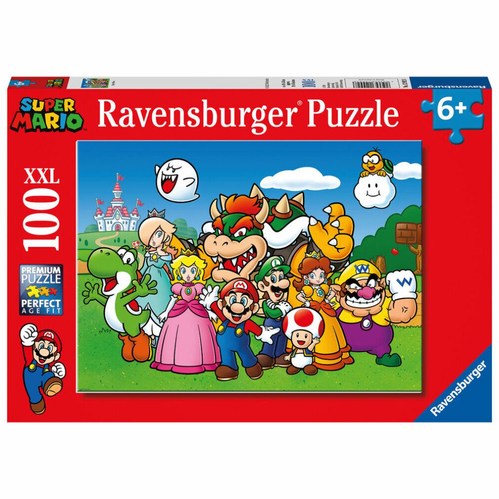 Puzzle Super Mario, 100 pezzi XXL. Confezione rossa con logo e indicazione età 6+.