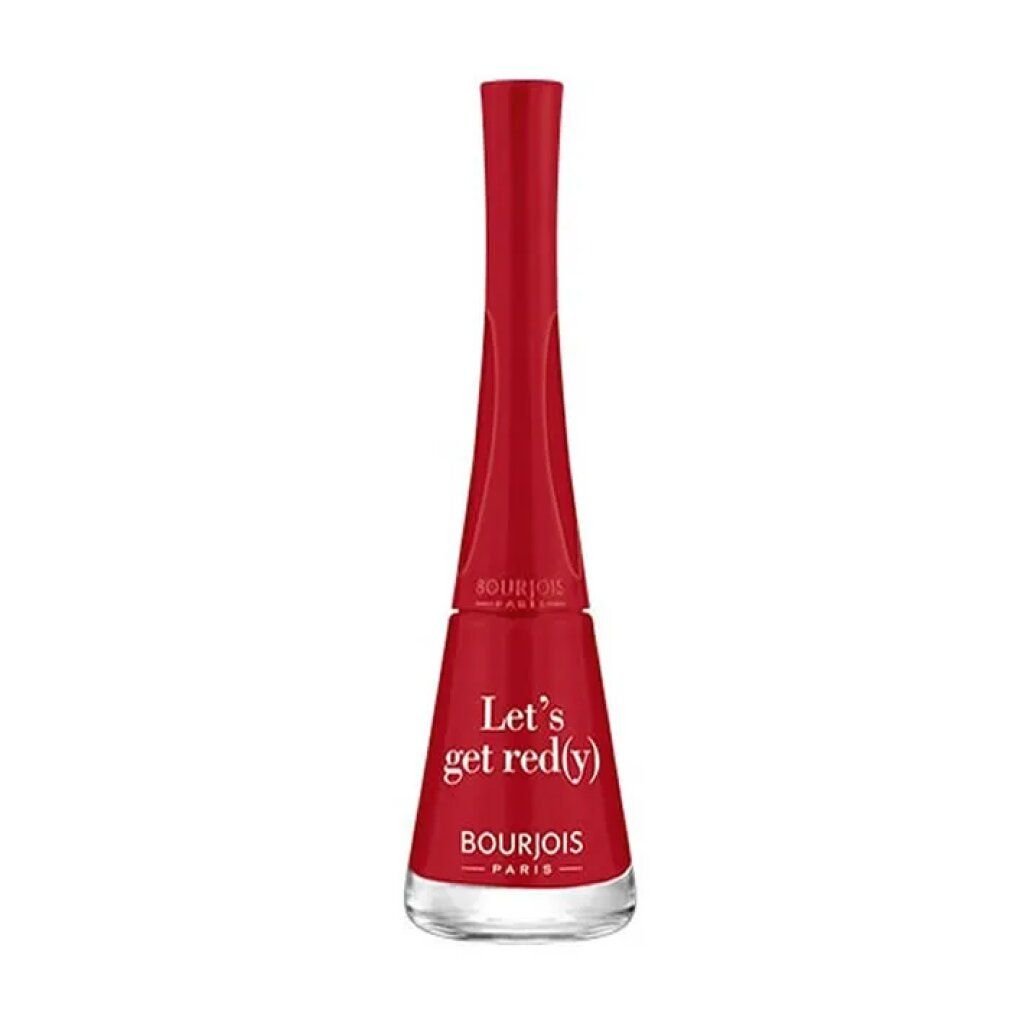 Smalto rosso Bourjois. Scritta 'Let's get red(y)'. Flacone con tappo lungo.