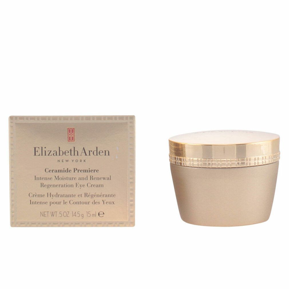 Vasetto beige con coperchio dorato e scatola. La scatola indica Elizabeth Arden Ceramide Premiere.