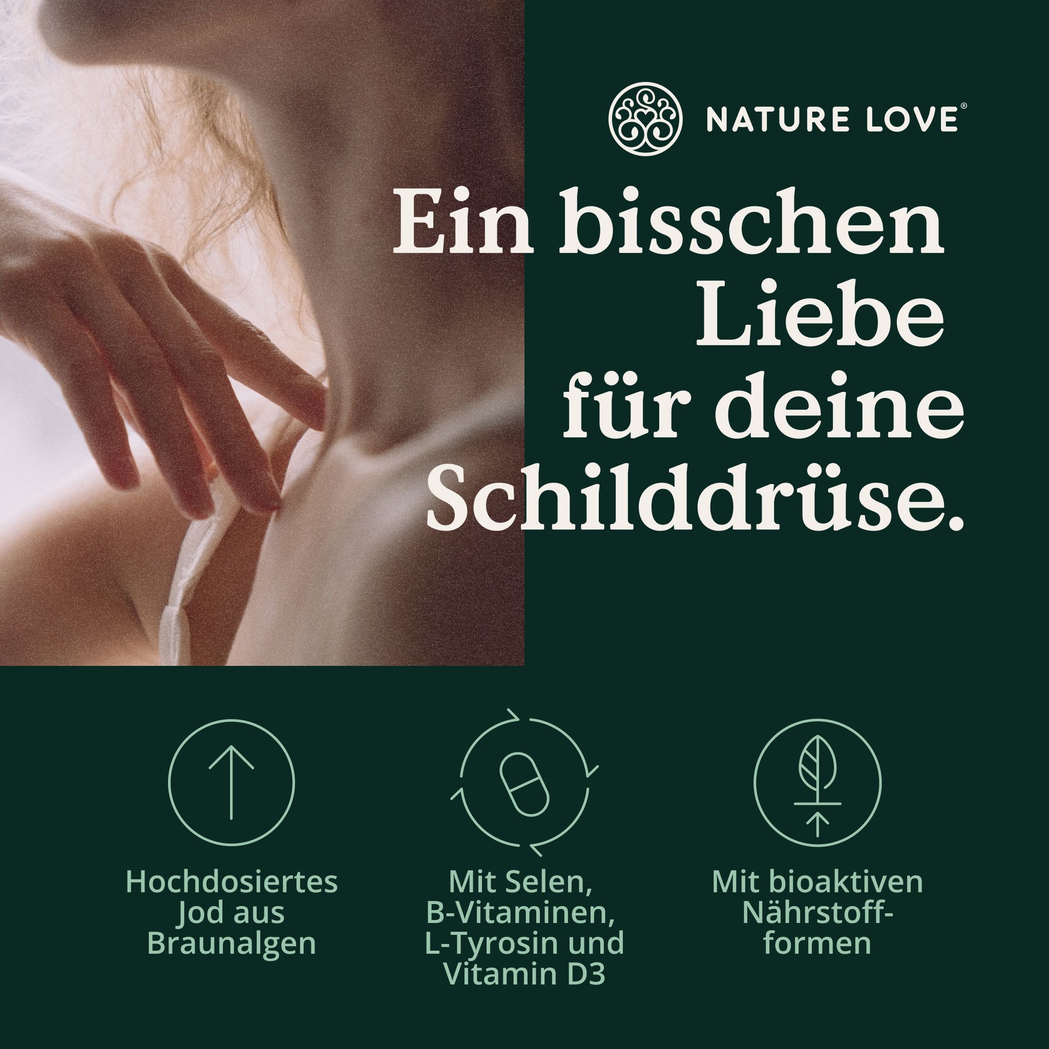 Scollatura di una donna con mano sulla pelle. Testo: Un po' d'amore per la tua tiroide.