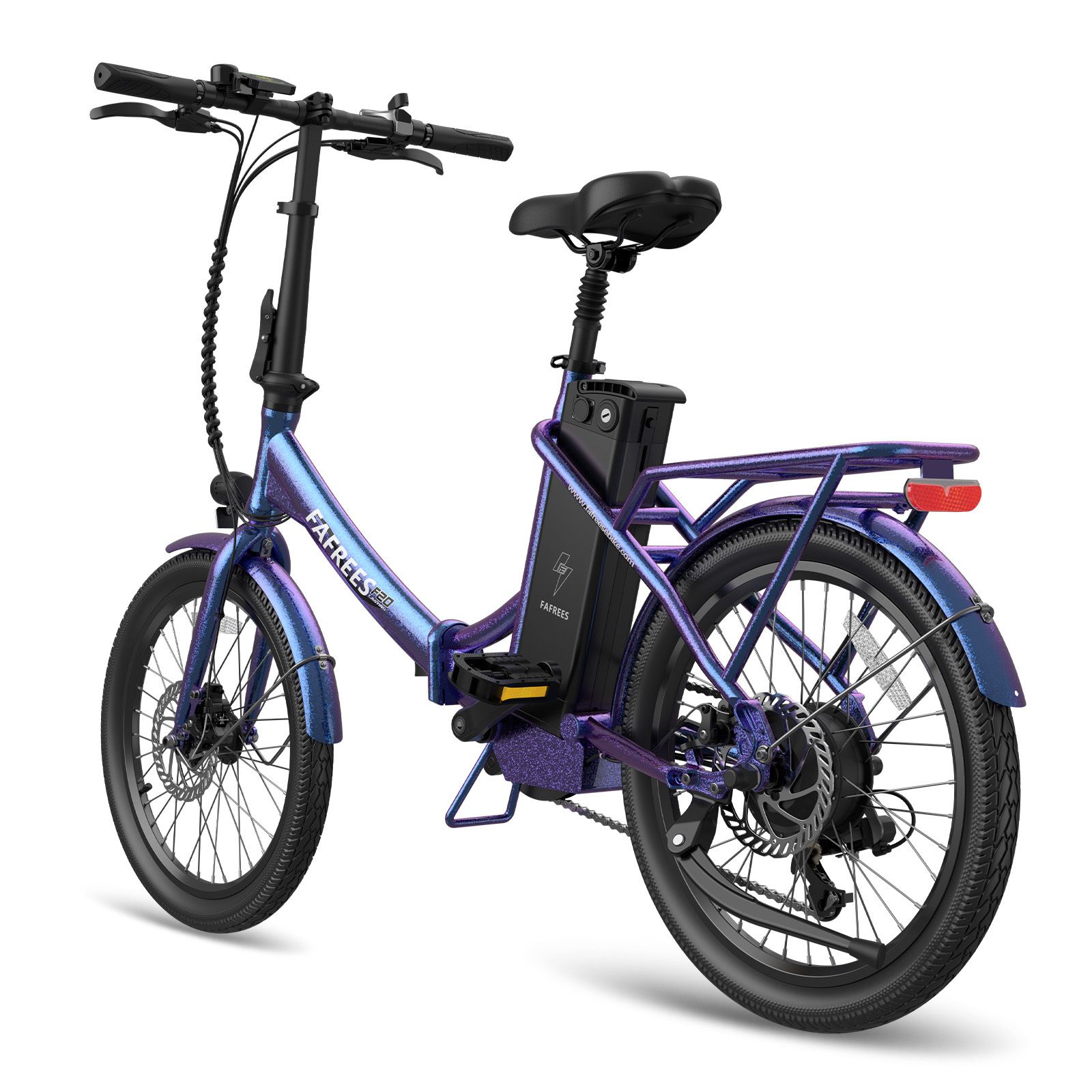 Bicicletta elettrica blu-viola con sella nera e portapacchi. Marchio FAFREES.
