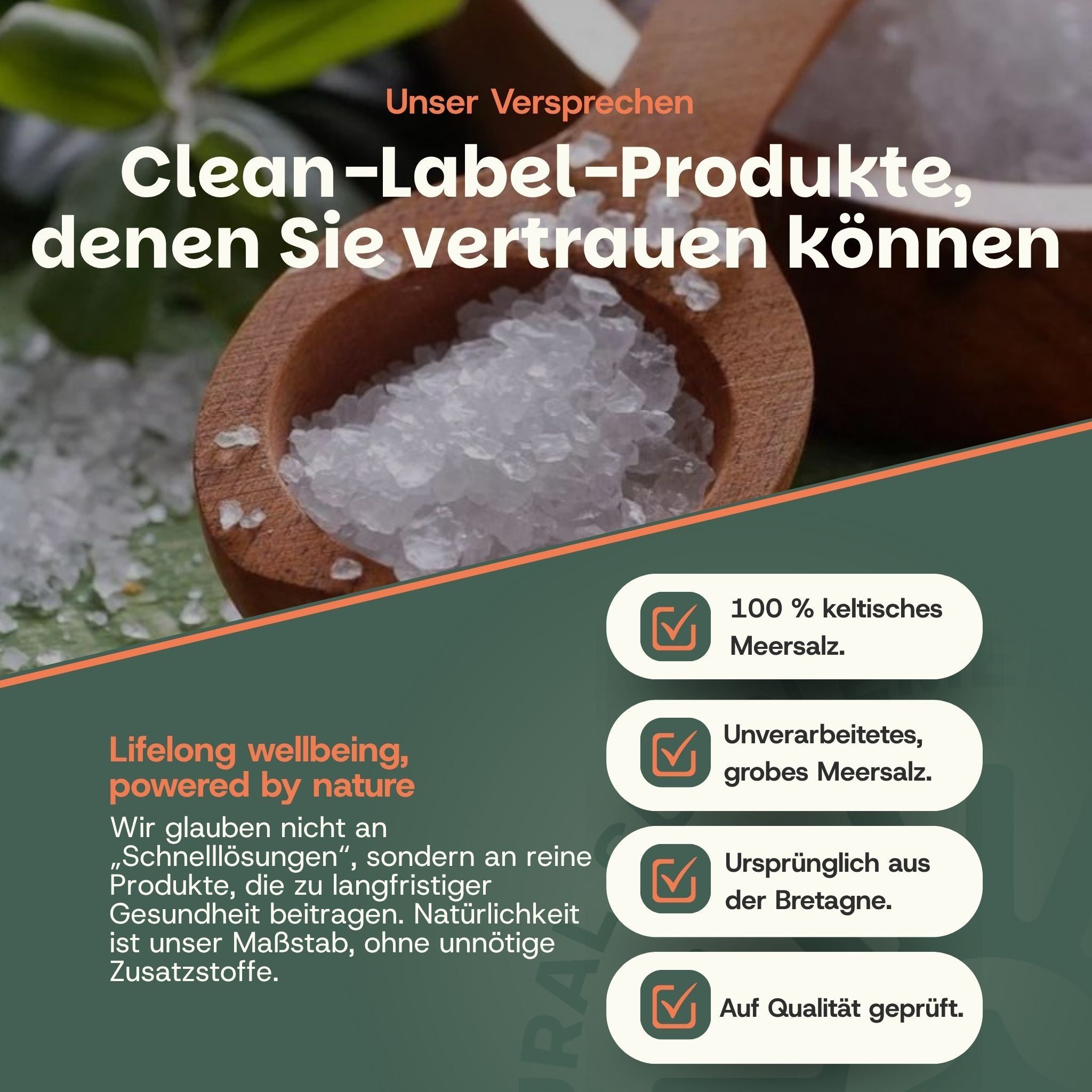 Informazioni sugli ingredienti per "Sale marino celtico" 250g, con sigilli "Vegano" e "Senza glutine".