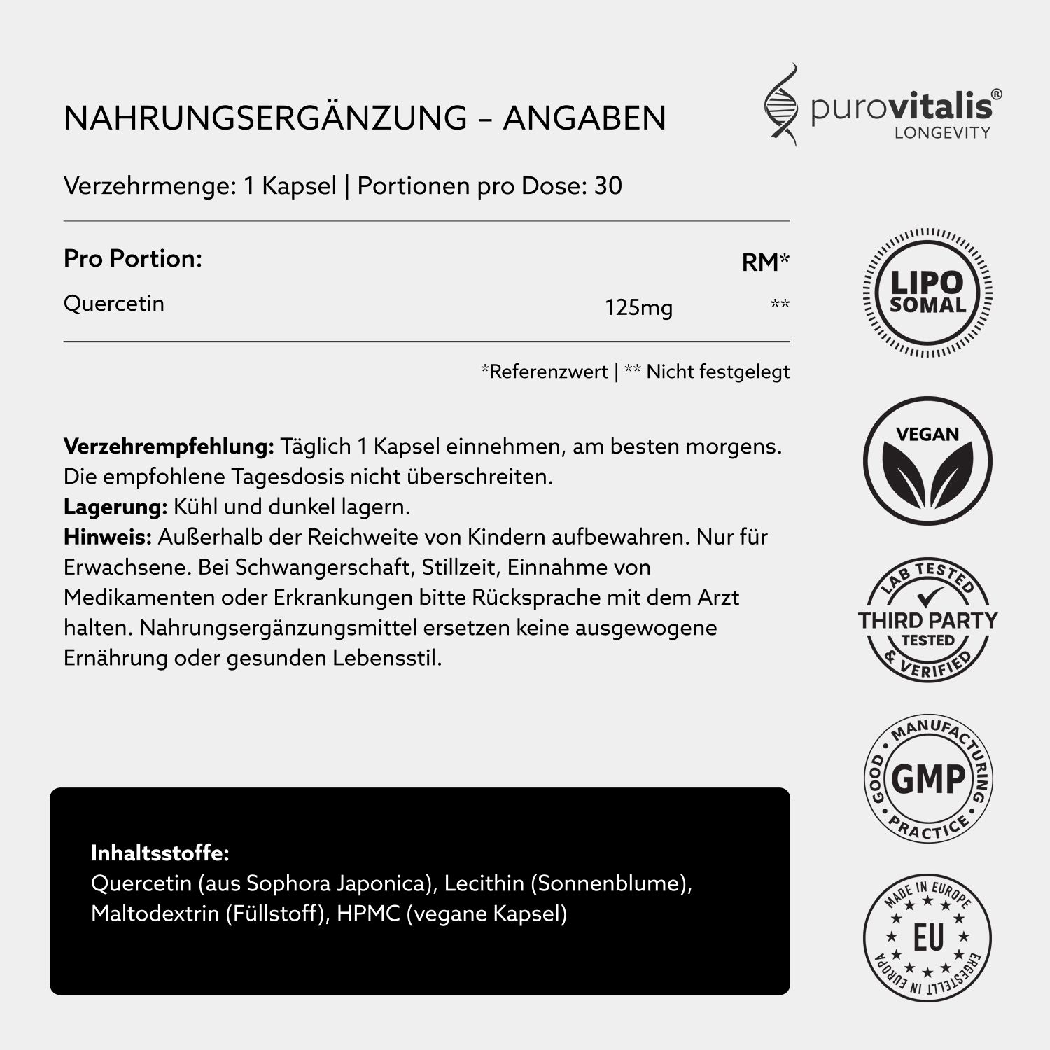 Informazioni sugli integratori alimentari. Contiene: Quercetina 125mg. Vegano, testato in laboratorio, GMP. Flacone 30 capsule.