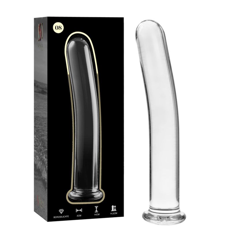Dildo in vetro borosilicato, modello 8, accanto alla confezione nera.