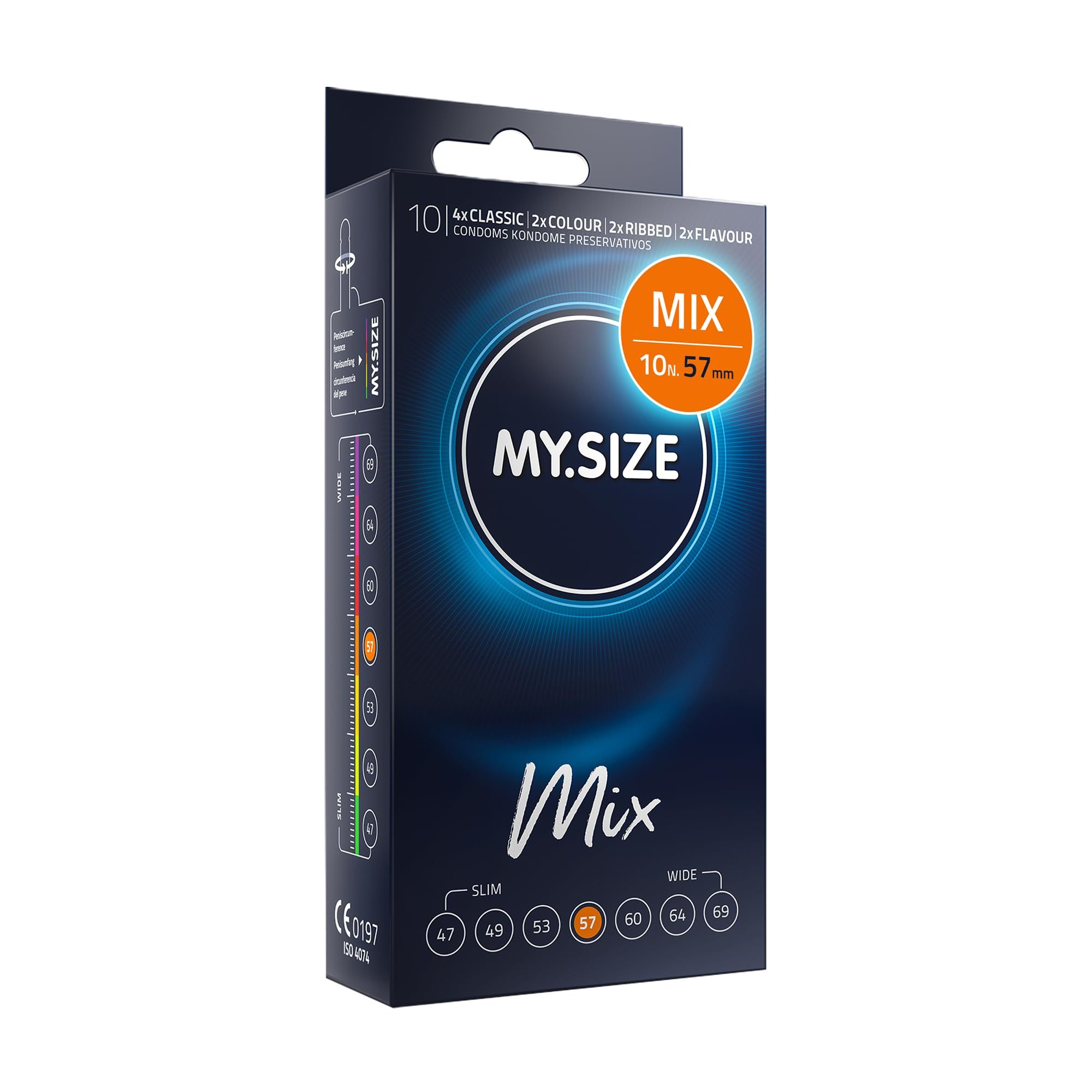 Misure preservativi MY.SIZE: 47-69mm. Mostra le taglie, una confezione e un'app per la misurazione.