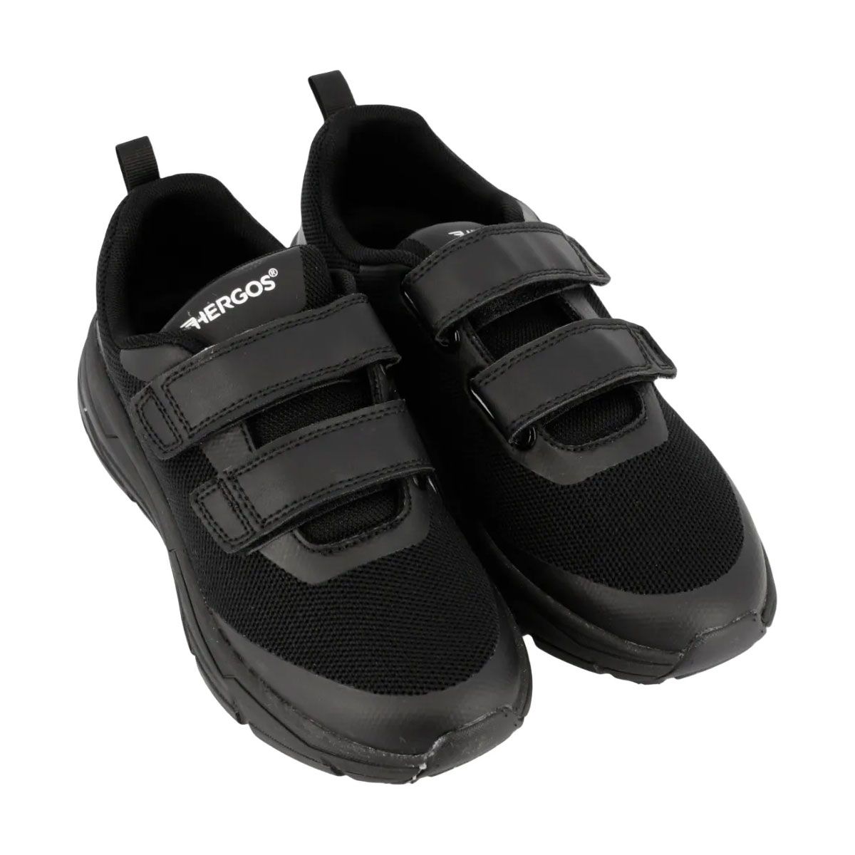 Sneakers neri con chiusura a strappo. Tomaia in mesh, suola flessibile. Logo HERGOS visibile.