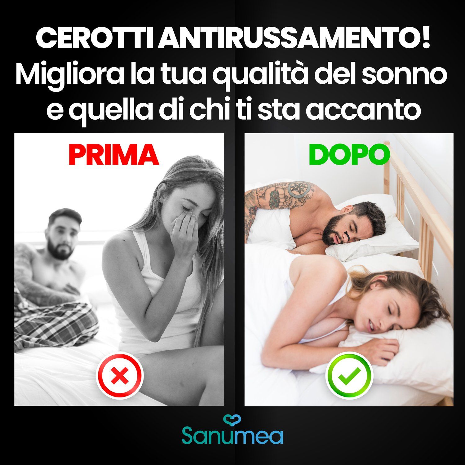 Confronto prima e dopo di russatori che usano cerotti nasali.