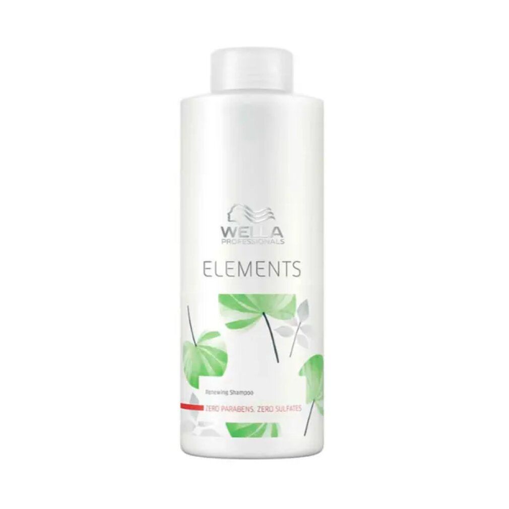 Flacone di shampoo bianco con motivo a foglie verdi. Scritta: Wella Professionals, ELEMENTS, Renewing Shampoo. Senza parabeni e solfati.