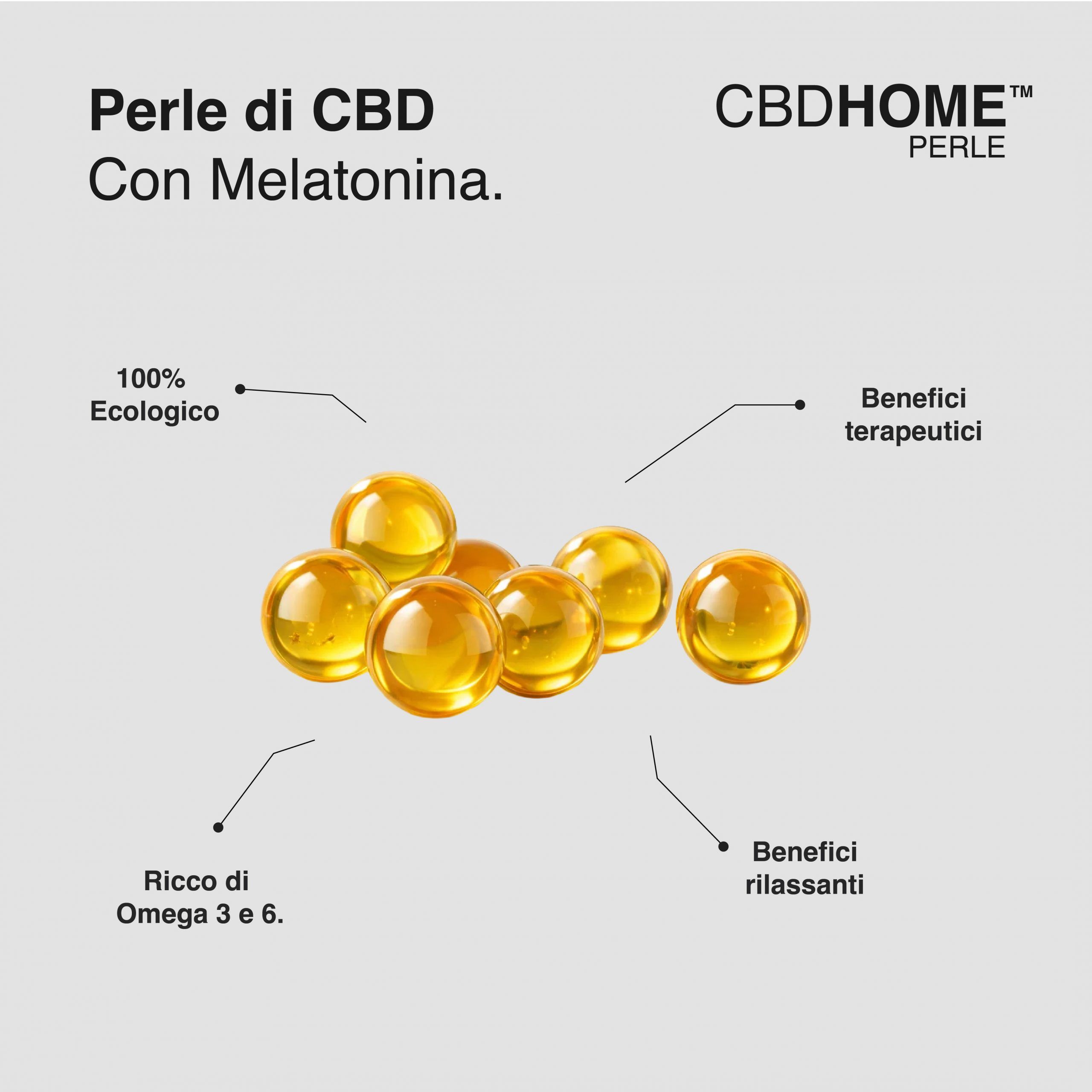 Diverse perle dorate di CBD con melatonina, circondate da testi sui benefici ecologici e omega 3/6.