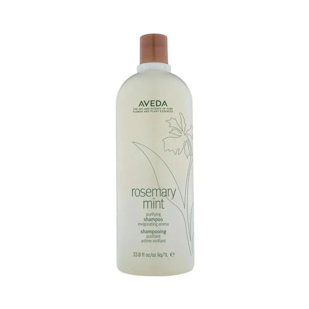 Flacone di shampoo Aveda. Design cilindrico bianco con tappo marrone. Scritta: Rosemary Mint, shampoo purificante. Logo e motivo floreale.