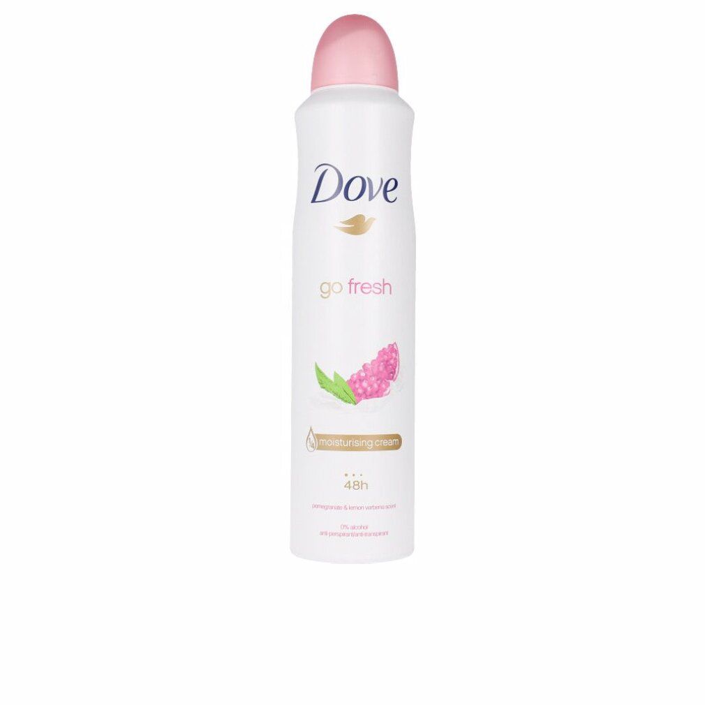 Deodorante bianco con tappo rosa. Scritta Dove, go fresh e illustrazione di un frutto. Protezione 48h.