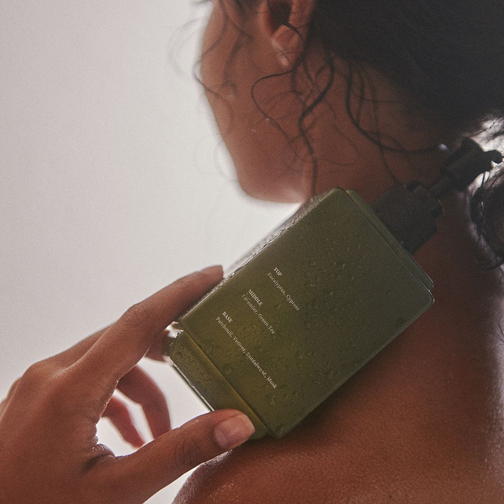 Flacone verde di lavaggio mani e corpo con dispenser nero, tenuto da una persona. Testo: Hand & Body Wash. Scritta: Ingredienti.