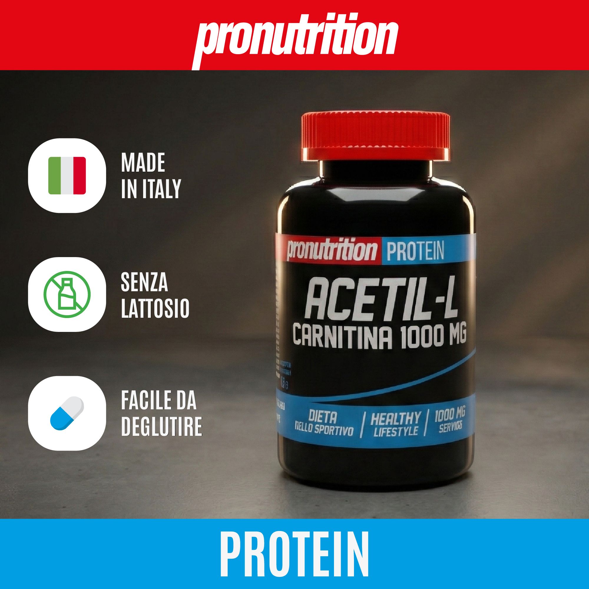 Flacone nero con tappo rosso. Scritta: Acetil-L Carnitina 1000 MG. Bandiera italiana, senza lattosio.