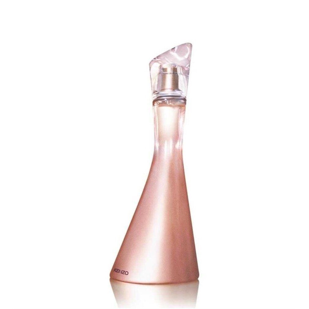 Flacone di profumo sfumato rosa, tappo trasparente. Logo Kenzo in basso.
