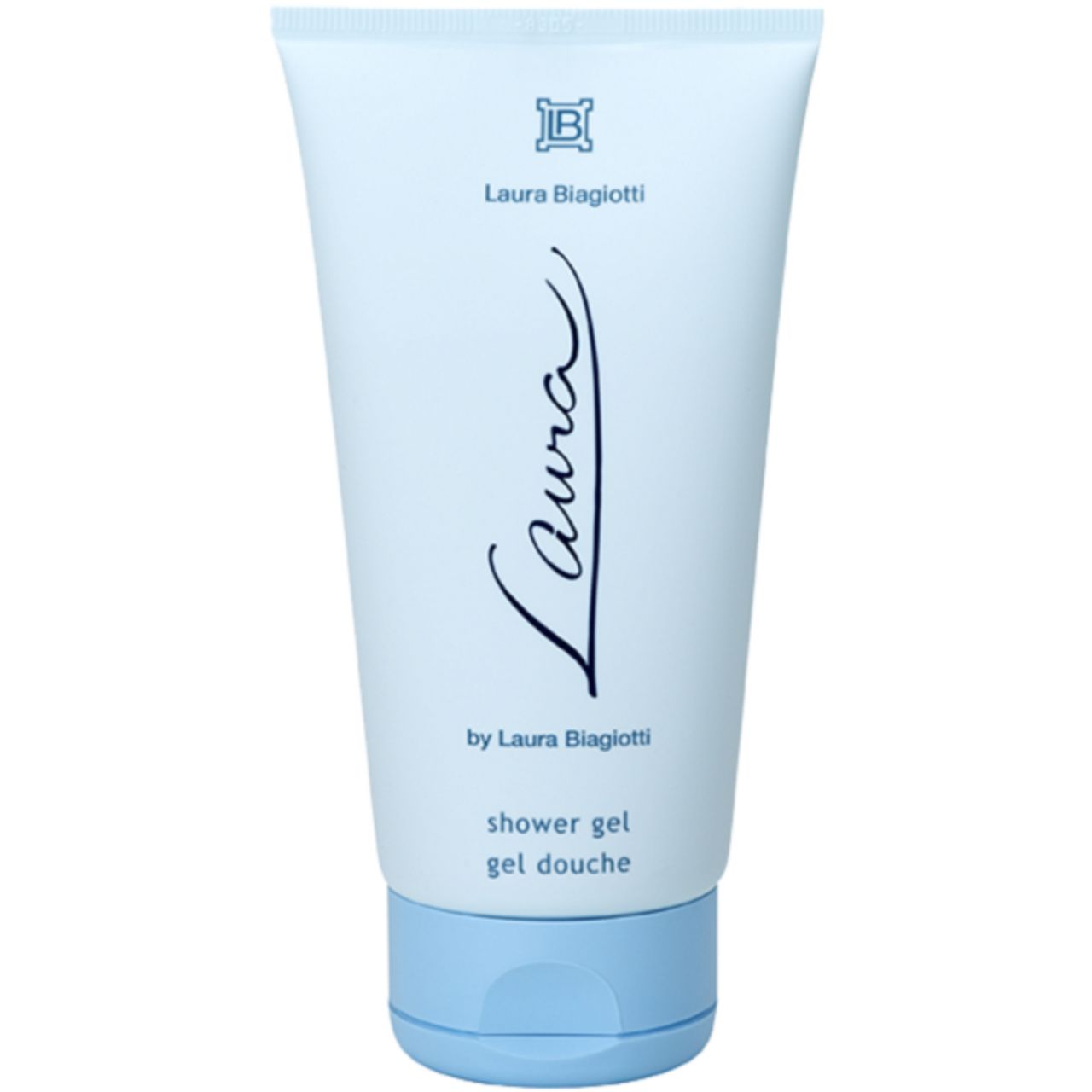 Gel doccia azzurro chiaro in tubo. Scritta "Laura Biagiotti" e "shower gel".