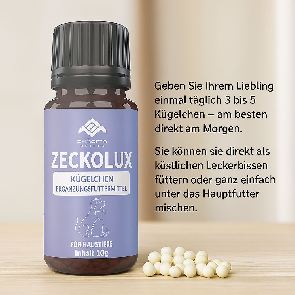 Flacone di vetro marrone con tappo nero e granuli accanto. Etichetta "Pharma Health Zeckolux Kügelchen für Haustiere".