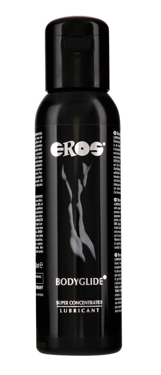 Flacone nero con scritta EROS BODYGLIDE Super Concentrated Lubricant e figura corporea stilizzata.