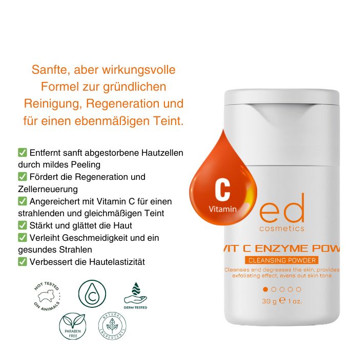 Flacone bianco con testo e illustrazioni. Goccia arancione con 'C Vitamina'. Testo: ED COSMETICS, VIT C ENZYME POW, CLEANSING POWDER.