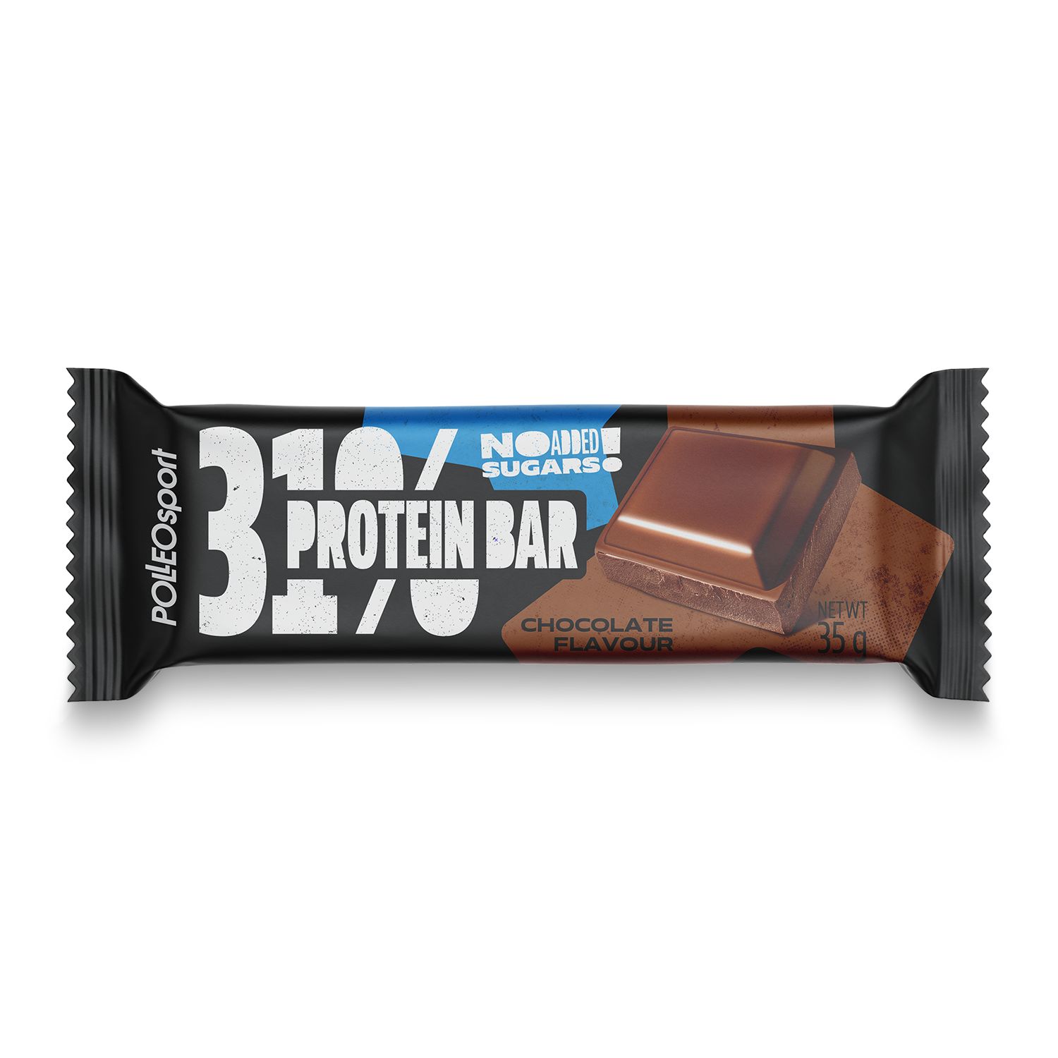 Confezione di barretta proteica nera con logo e scritta '31% Protein Bar'. Pezzo di cioccolato rappresentato. 'Chocolate flavour'.