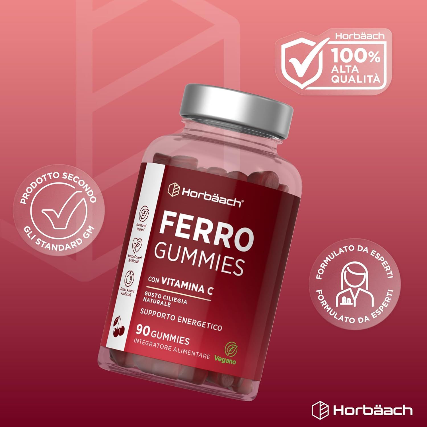 Flacone Horbäach Ferro Gummies con Vitamina C. 90 caramelle. 100% alta qualità. Standard GMP. Formulato da esperti. Vegano.