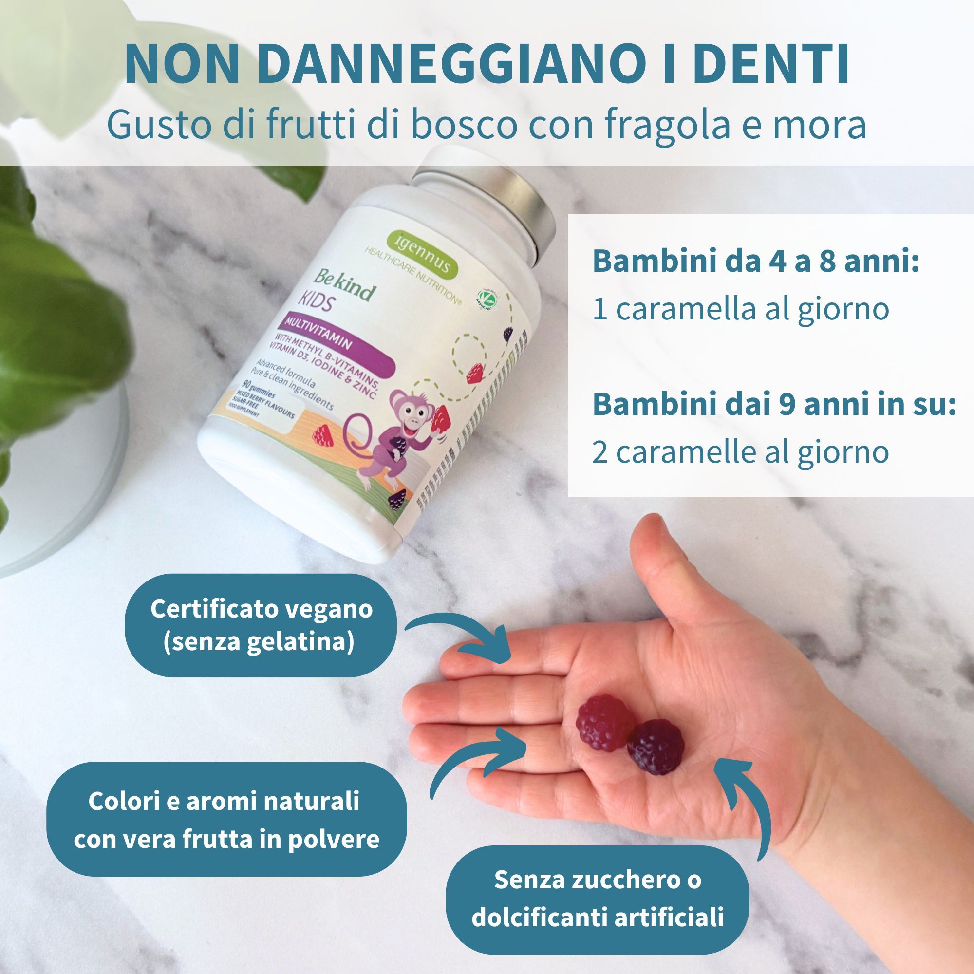 Flacone di caramelle gommose. Testo: Non danneggiano i denti. Gusto: fragola e mora. Vegano. 2 caramelle in mano.