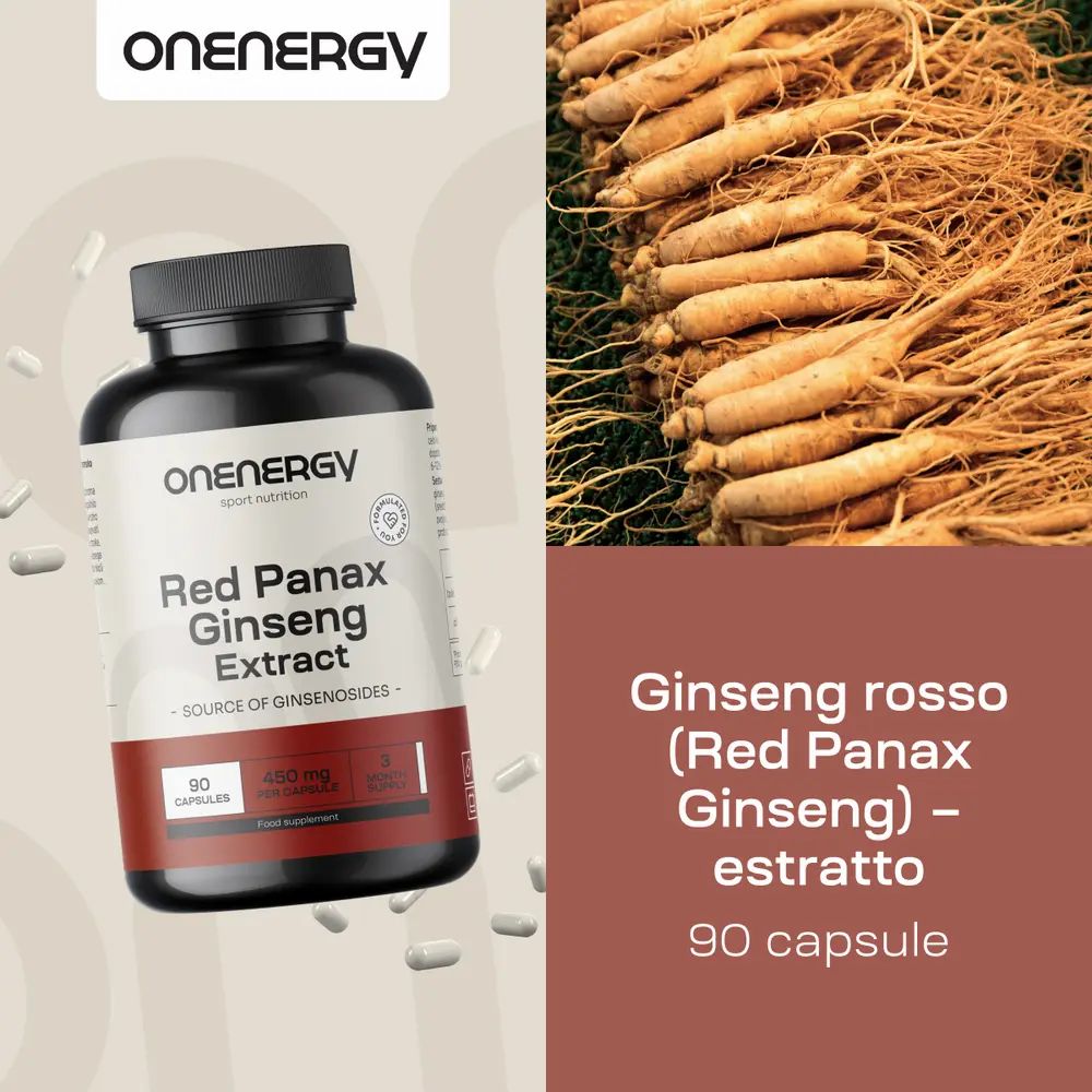 Flacone OnEnergy Red Panax Ginseng Extract e un mucchio di radici di ginseng.