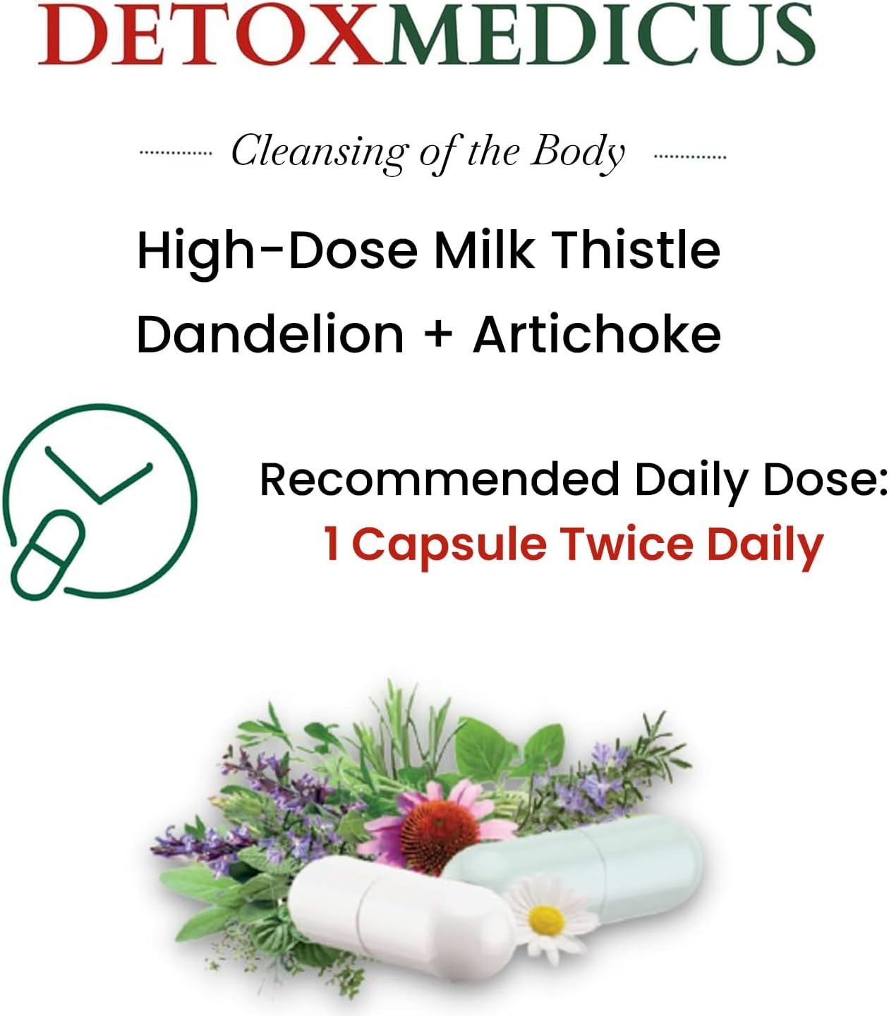 Testo con informazioni su Detox Medicus. Dose giornaliera raccomandata: 1 capsula due volte al giorno. Capsule ed erbe.