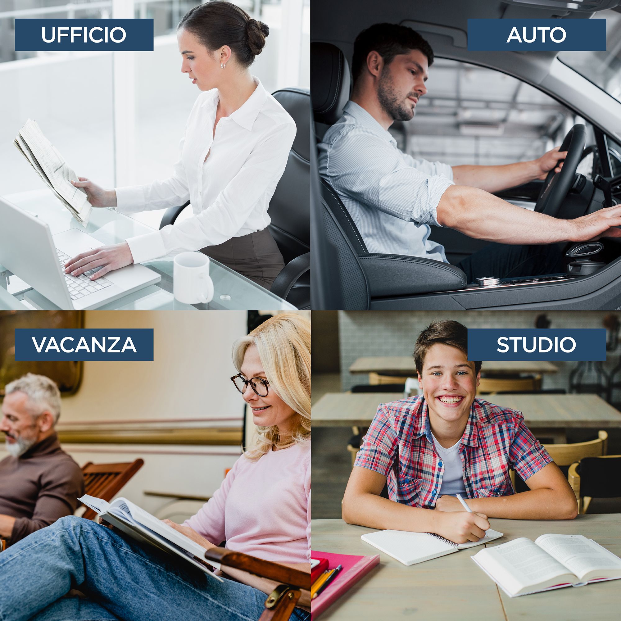 Quattro scenari: ufficio, auto, vacanza, studio con il cuscino.