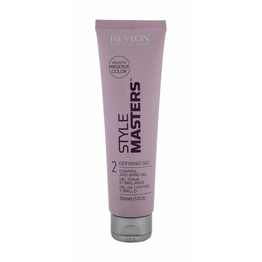 Tubo di gel Revlon Style Masters. Tubo lilla chiaro con tappo argentato. Testo: Revlon, Style Masters, Defining Gel, 150ml/5.1 fl.oz.