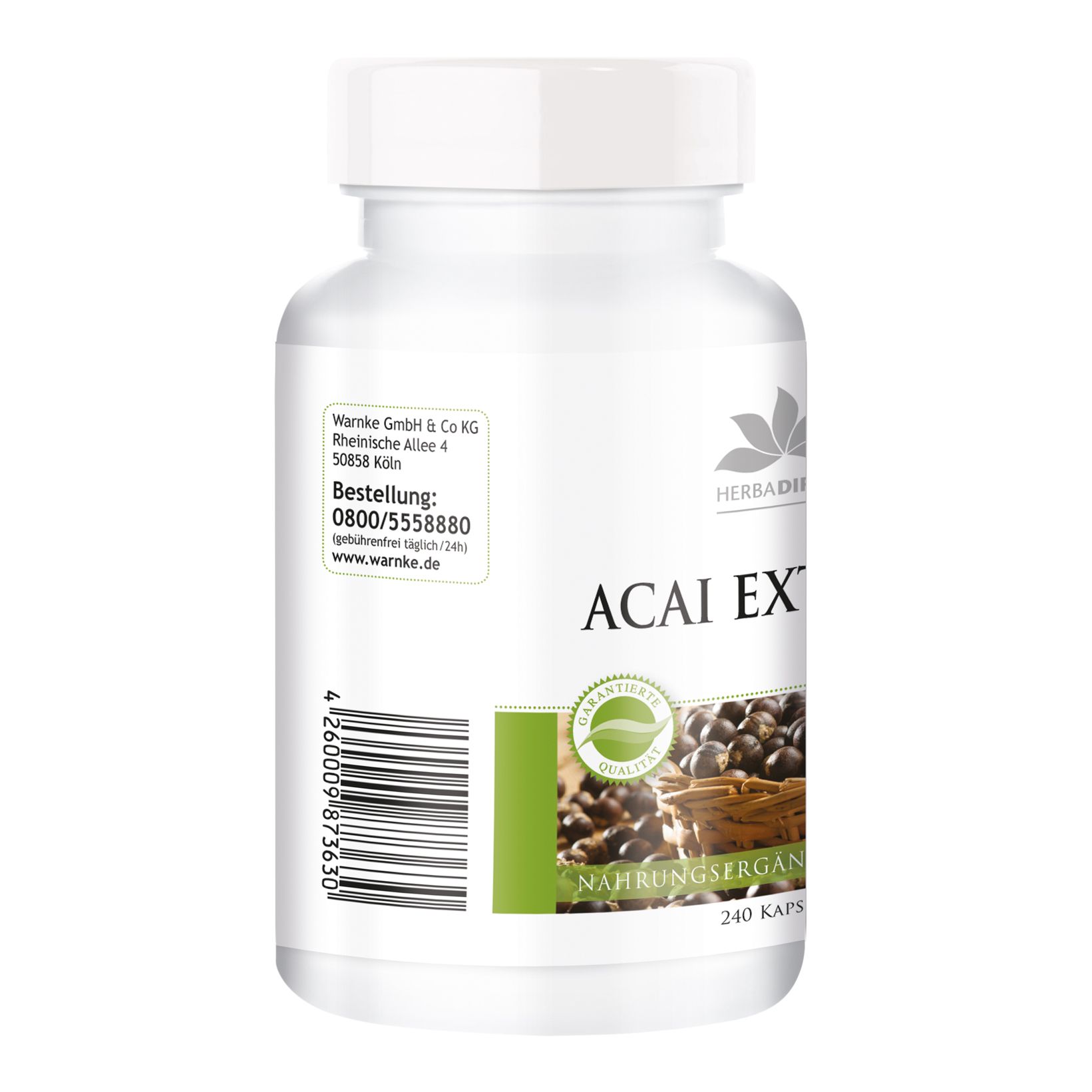 Retro del flacone bianco. Scritta: Acai Extrakt, Herbadirekt, 240 capsule. Logo e dati di contatto di Warnke GmbH & Co KG. Sigillo: Qualità garantita.