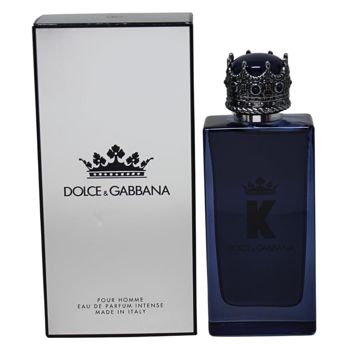 Flacone blu con tappo a corona e confezione bianca. Logo 'K' e DOLCE & GABBANA. Confezione con logo e testo.