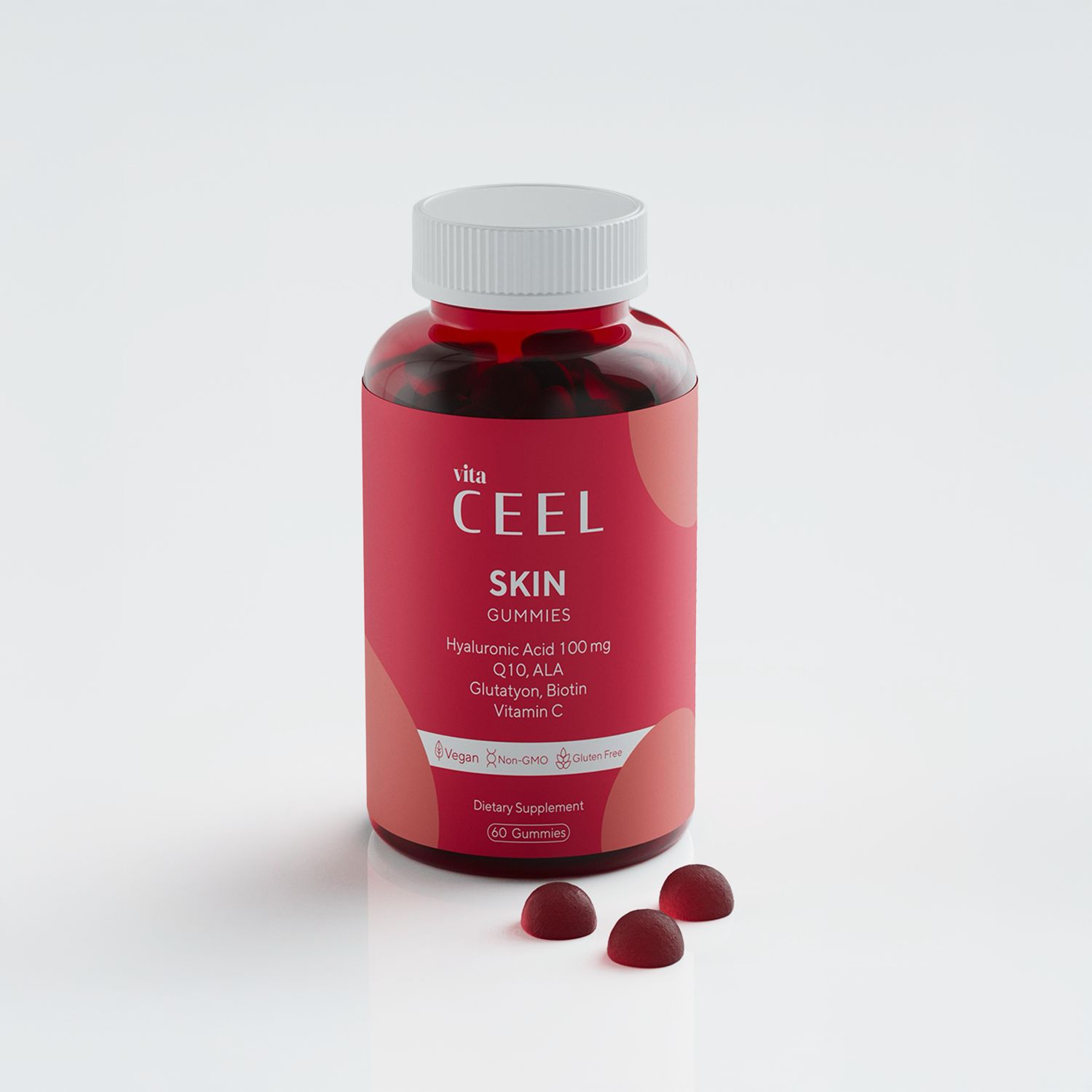 Flacone rosso con etichetta vita CEEL SKIN GUMMIES. Contiene acido ialuronico, Q10, ALA, glutatione, biotina, vitamina C. Vegano, Non-OGM, Senza glutine.