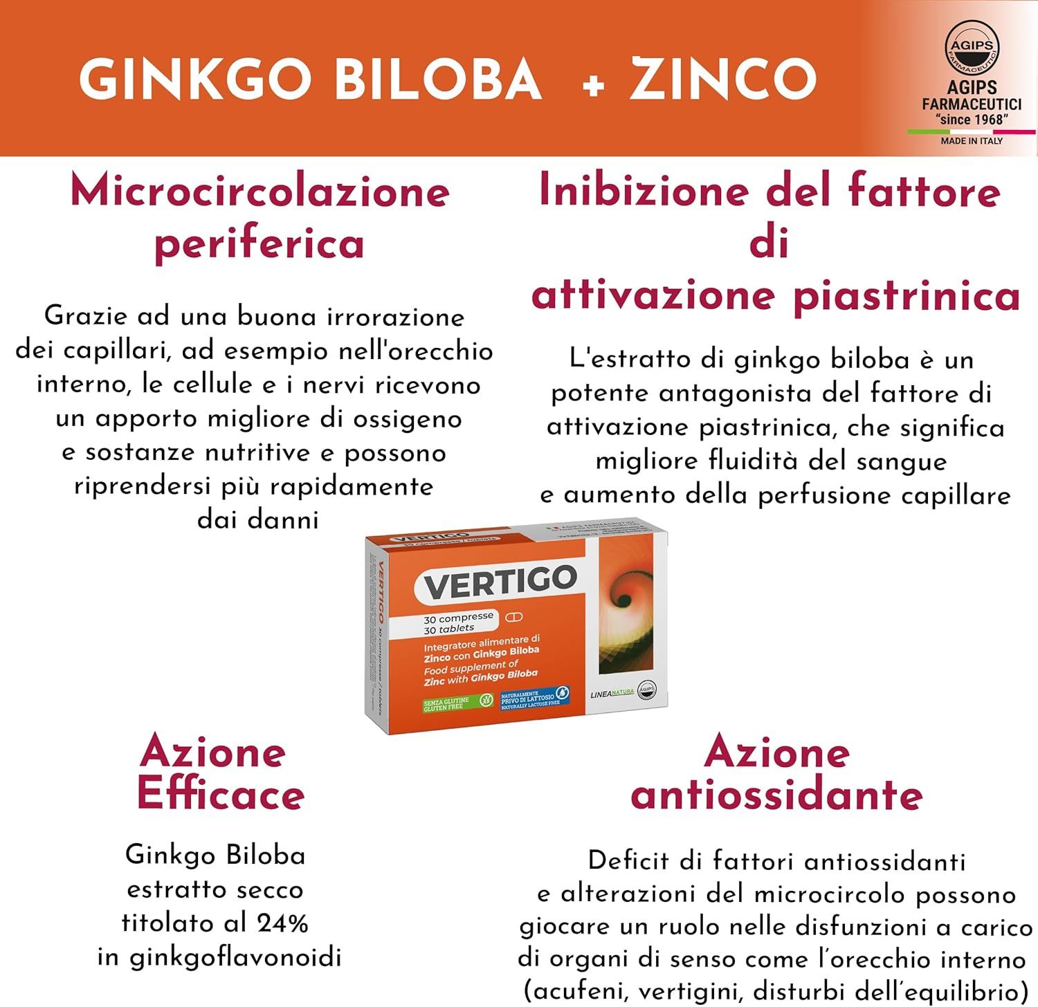 Infografica: Ginkgo Biloba + Zinco. Microcircolazione periferica, inibizione dell'attivazione piastrinica, azione efficace e antiossidante.