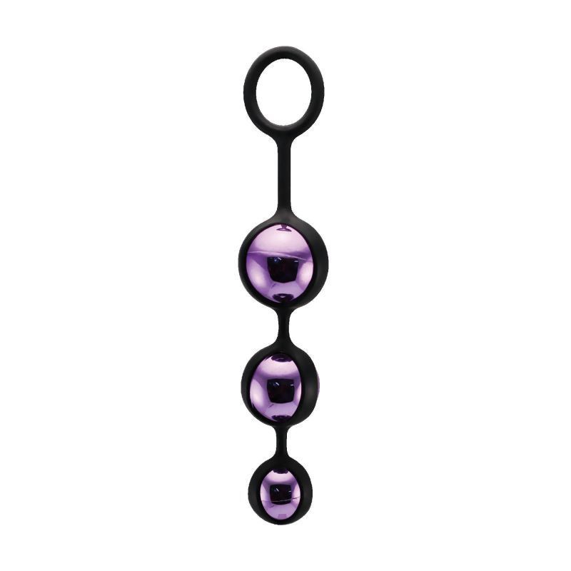 Tre sfere collegate con silicone nero. Le sfere sono viola.