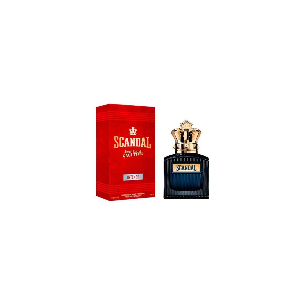 Confezione rossa e flacone. Flacone con corona dorata, etichetta "SCANDAL". Confezione con scritta "INTENSE".