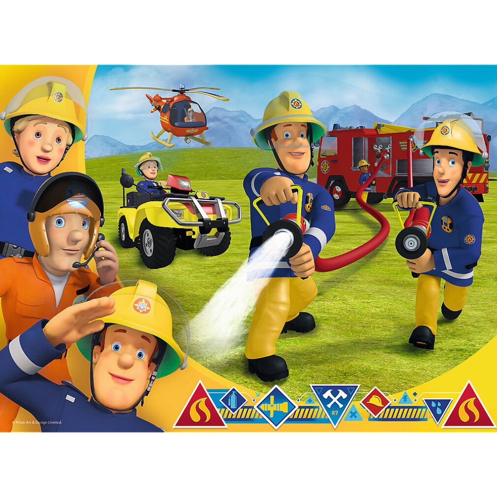 Puzzle 30 pezzi. Motivo Sam il pompiere. Logo e testo Trefl. Età consigliata 3+. Immagine di vigili del fuoco e veicoli.