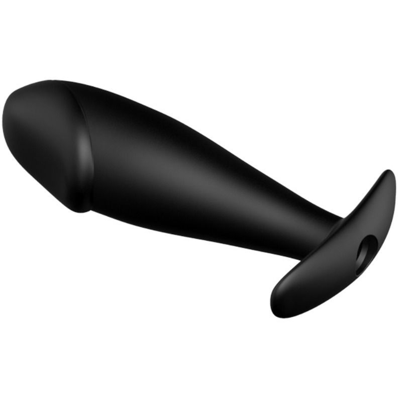 Plug anale nero in silicone. Forma di pene con base angolata. Foro nella base.