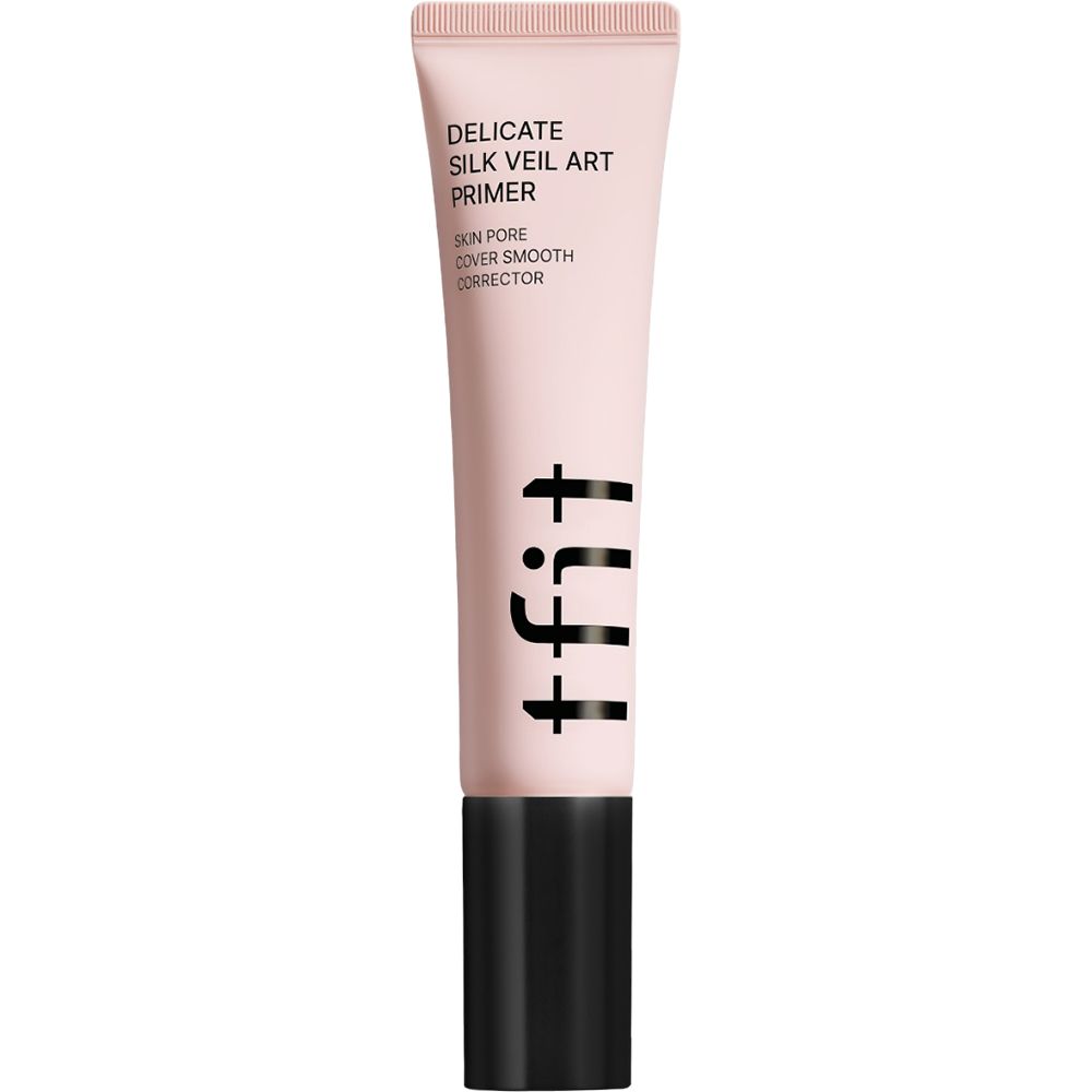 Tubo rosa con tappo nero. Scritta: Delicate Silk Veil Art Primer. Marchio: t.fit.