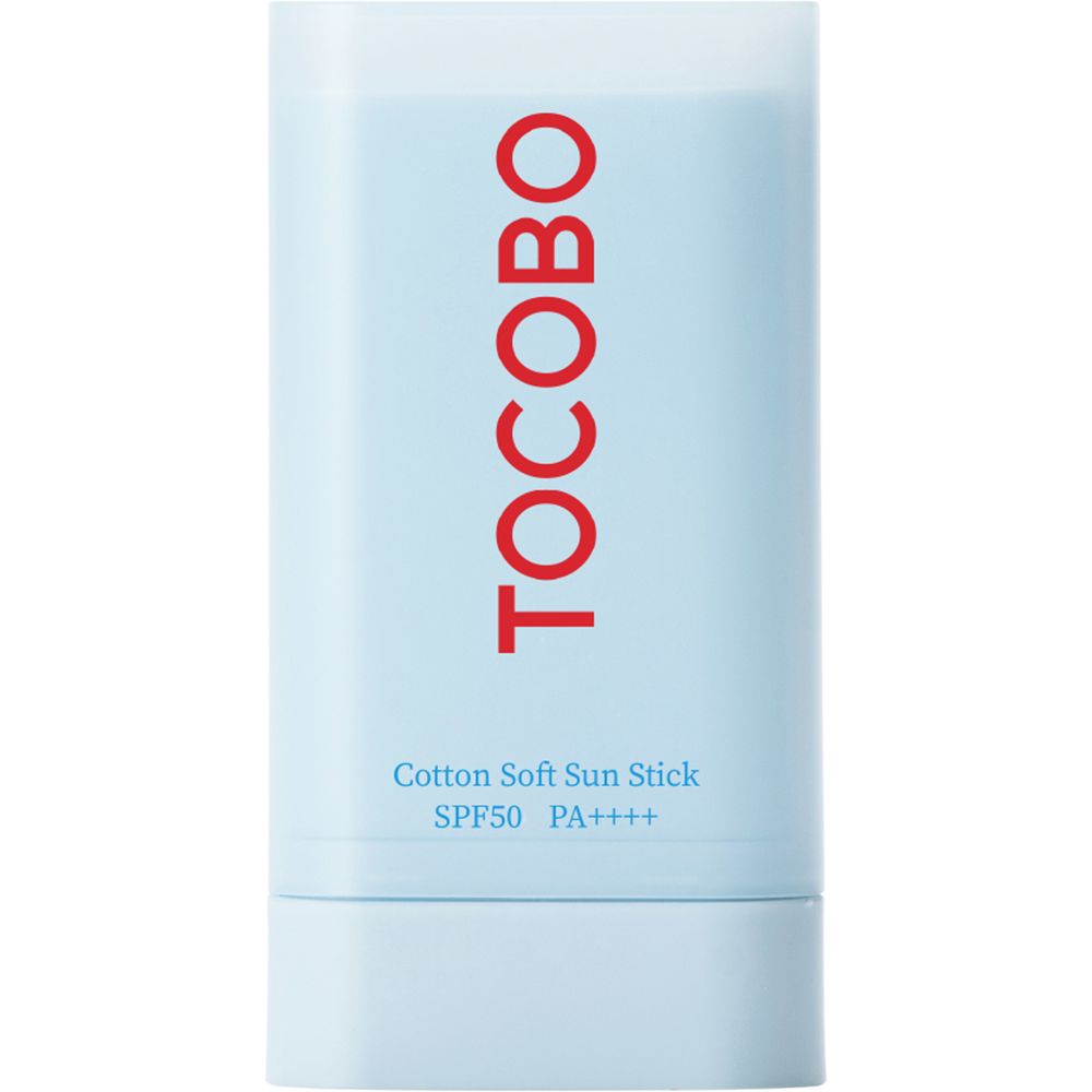 Stick solare cilindrico azzurro. Scritta TOCOBO in rosso. Testo: Cotton Soft Sun Stick SPF50+ PA++++.
