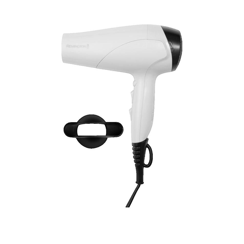 Asciugacapelli bianco con attacco e impugnatura neri. Attacco nero separato.