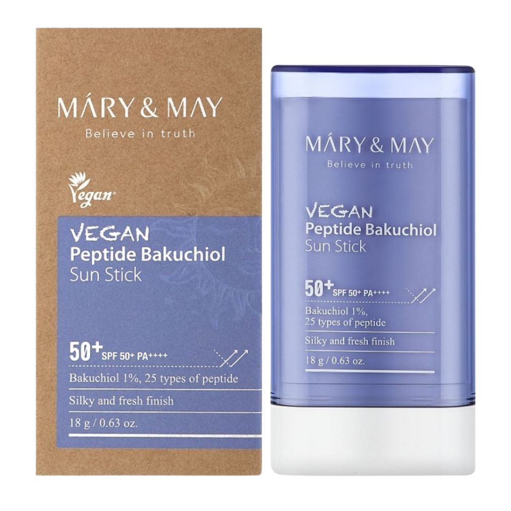 Mary&May Vegan Peptide Bakuchiol Sun Stick SPF50+ PA++++. Prodotto e scatola di cartone, 18g.