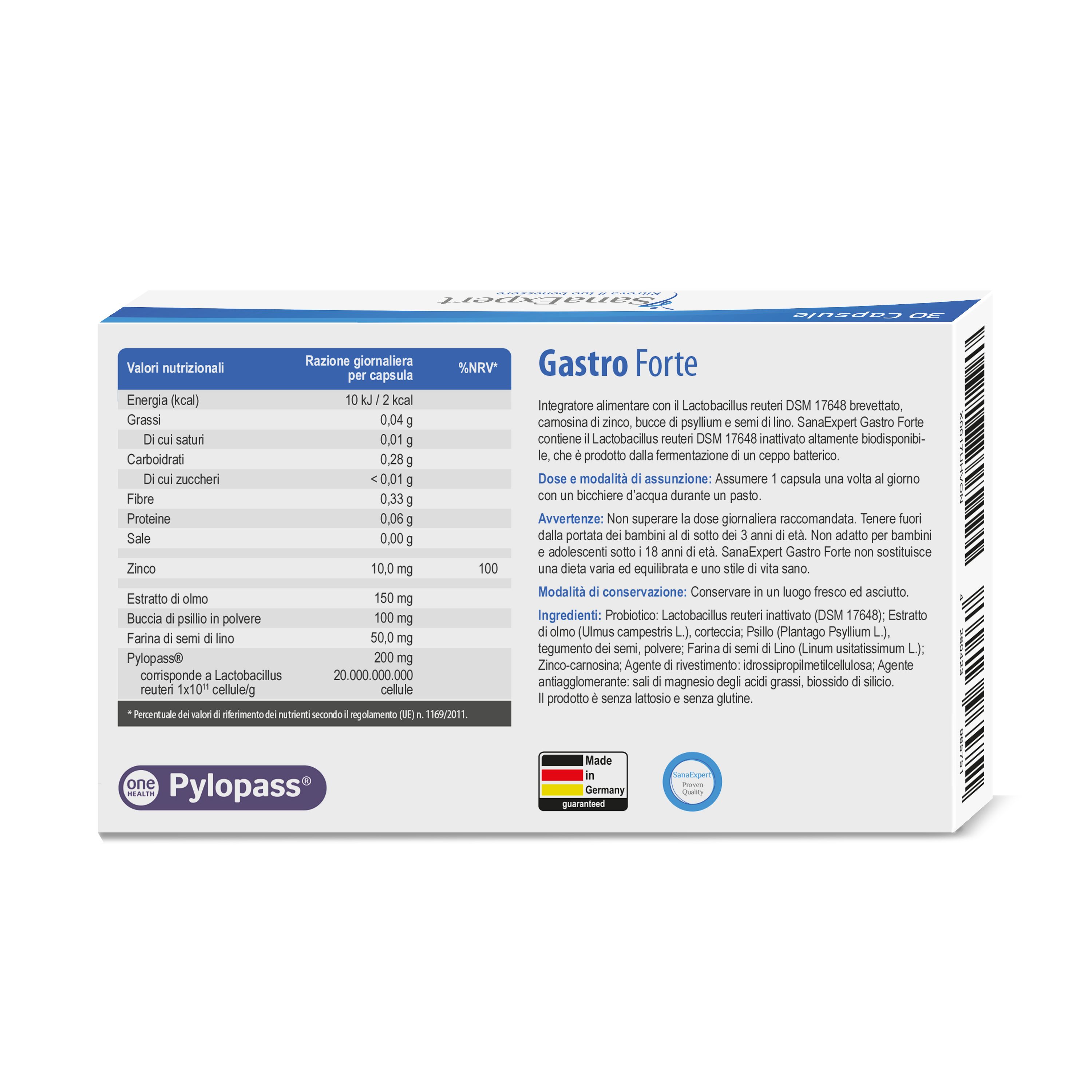 Retro della confezione Gastro Forte. Contiene informazioni nutrizionali e ingredienti.