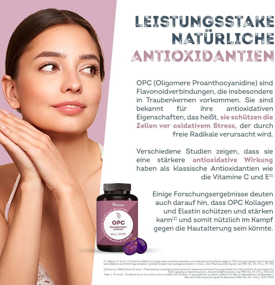 Donna con flacone. Testo: OPC (Proantocianidine oligomeriche) sono composti flavonoidi. Proteggono le cellule dallo stress ossidativo. Azione antiossidante.