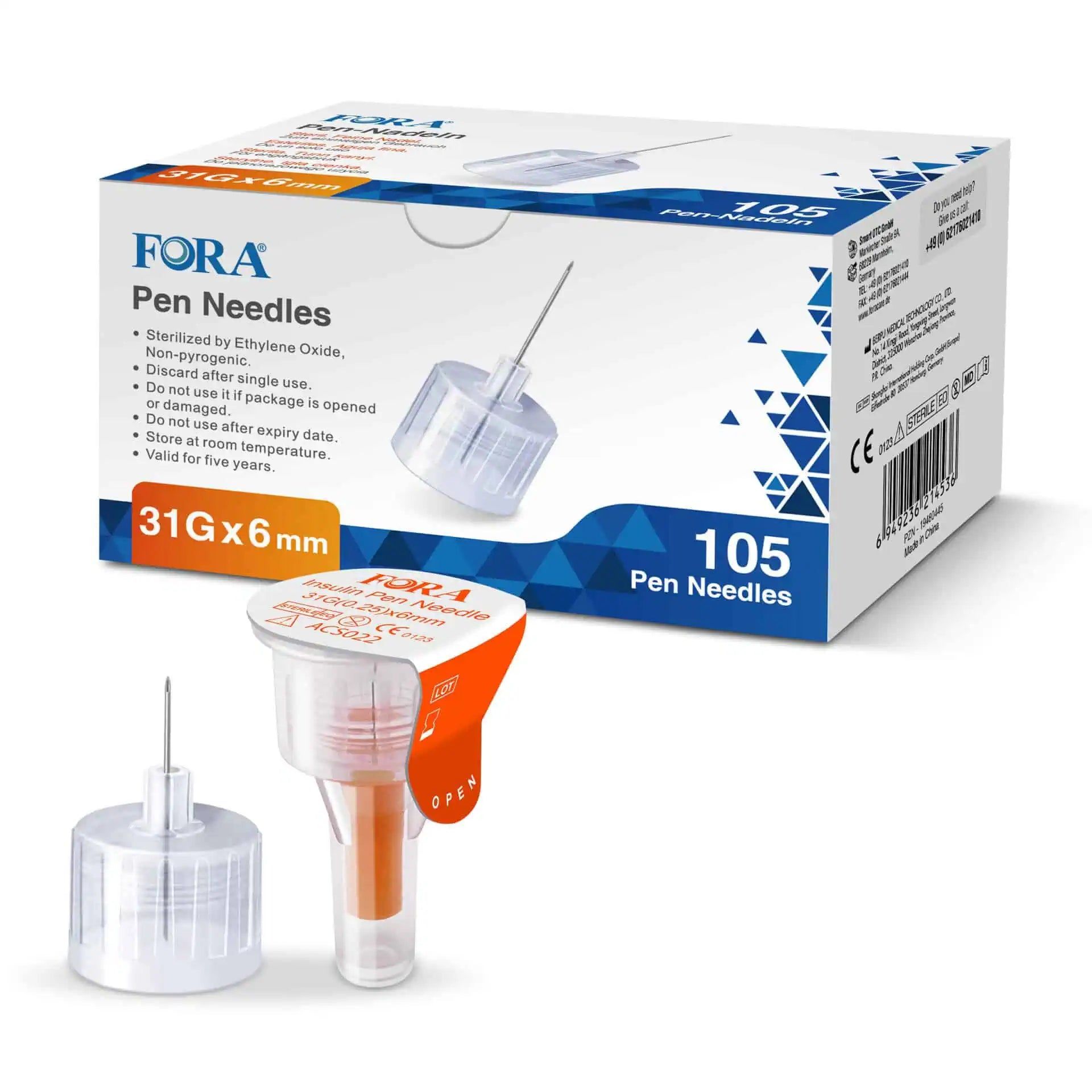 Aghi per penna FORA 31G x 6mm, 105 pezzi. Sterilizzati, monouso. Certificati CE.