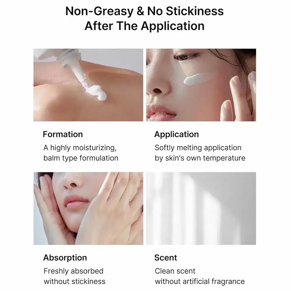 Quattro immagini. Applicazione del prodotto: formulazione, applicazione, assorbimento, profumo. Testo: non grasso, non appiccicoso.