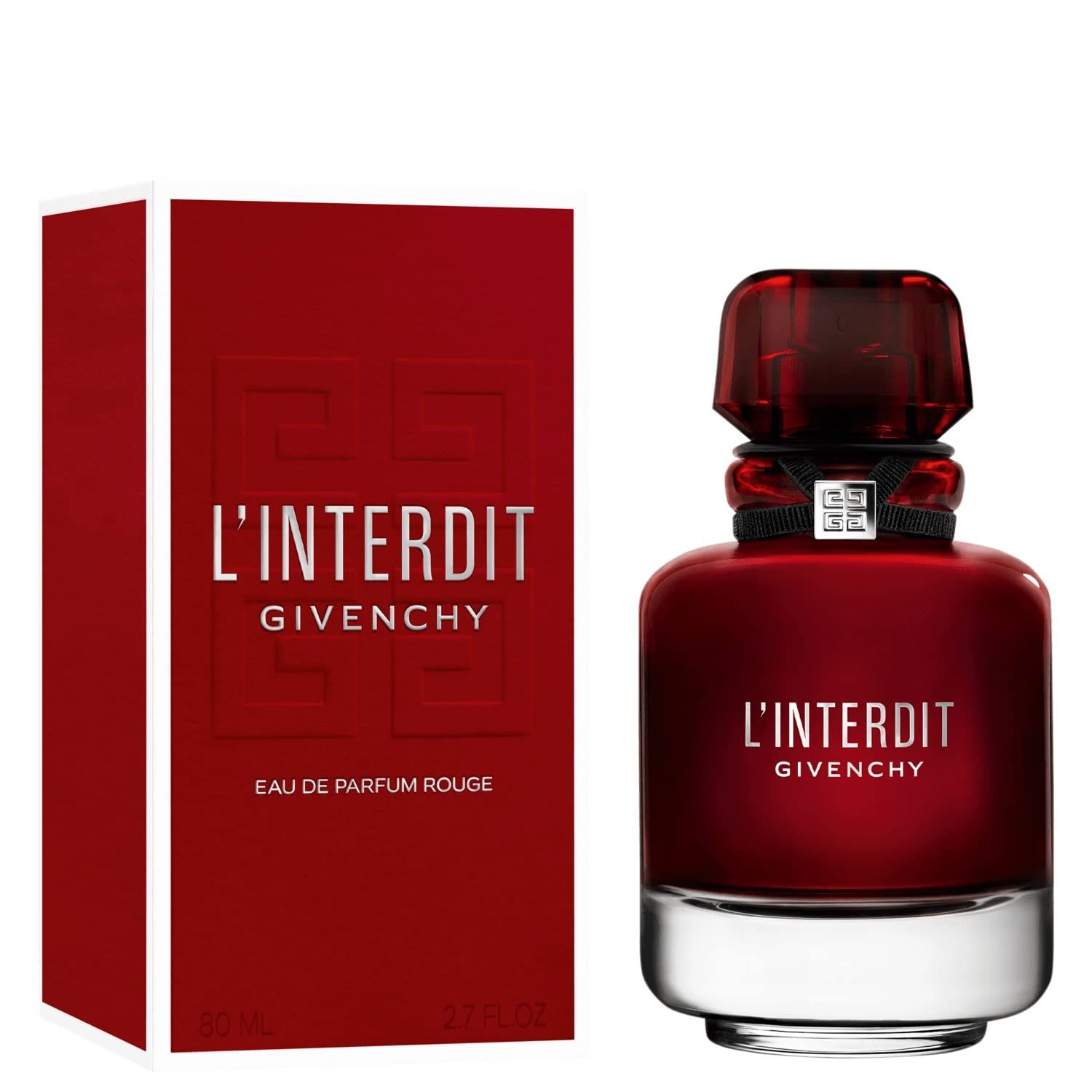 Flacone e confezione rossi. Flacone con nastro nero e tappo rosso. Testo: L'Interdit Givenchy.